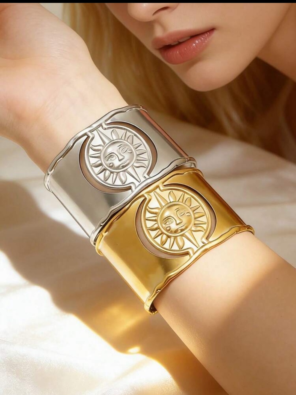 Sun Face Motif Wide Cuff Bracelet in Silver